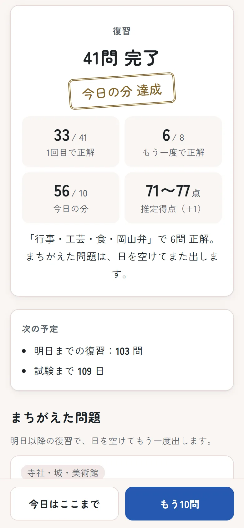 演習の結果画面。1回目の正解数、もう一度で正解した数、次の予定